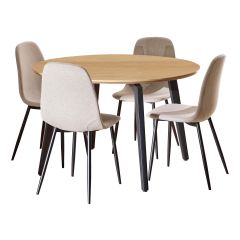 Nøra Laurens ronde eettafel Ø120x75 cm + 4 eetkamerstoelen stof Nesia - naturel/beige