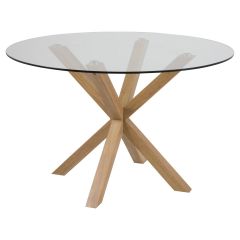 Nøra Donovan ronde eettafel Ø119x75.5 cm | staal met eikenfolie onderstel | gehard glas - transparant
