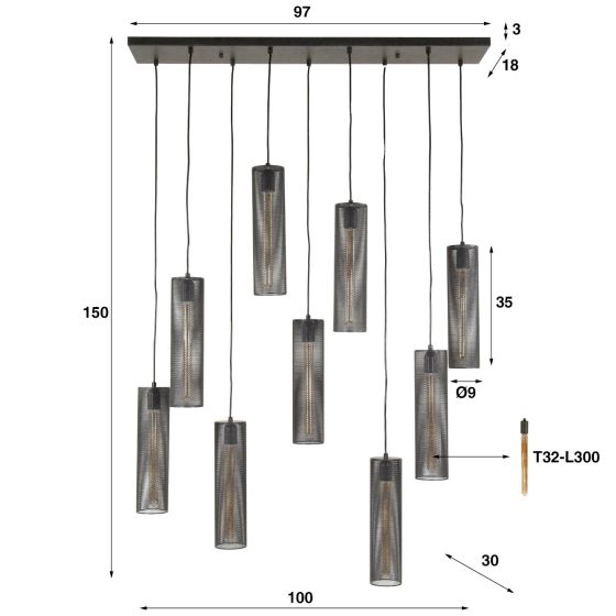 Randall hanglamp 5+4 tube mesh - artic zwart