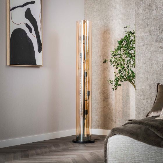 Flores vloerlamp 5L tube amber glas - artic zwart
