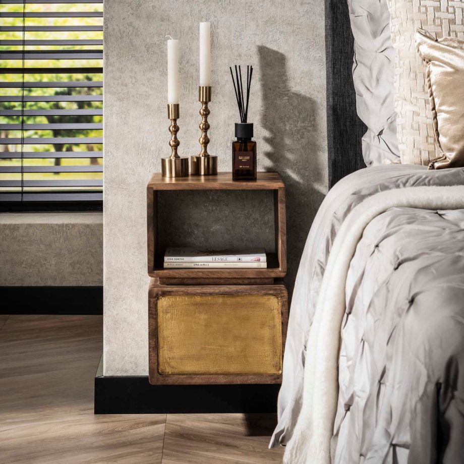 Kelsie nachtkastje 1L klein- brass/massief mango bruin