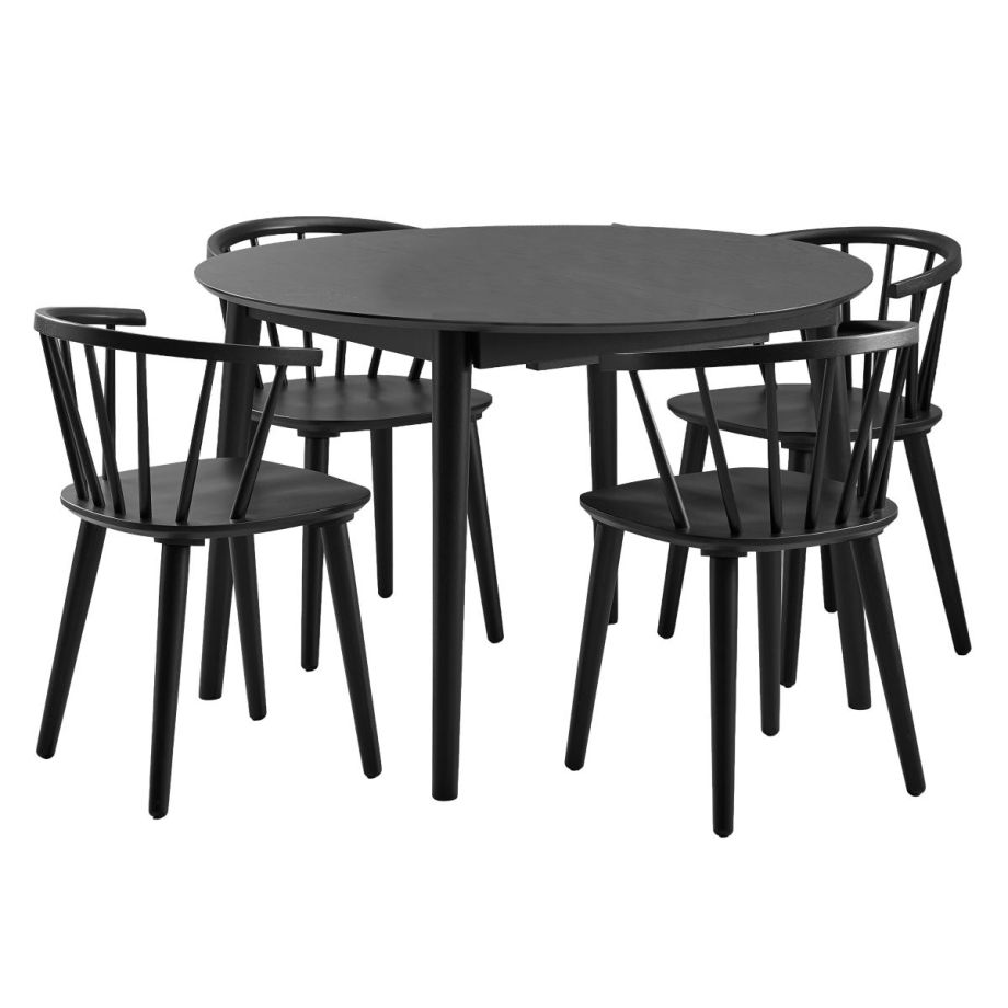 Nøra Aida ronde uitschuiftafel Ø115/154x75 cm | eikenfineer - zwart + 4 eetkamerstoelen - zwart