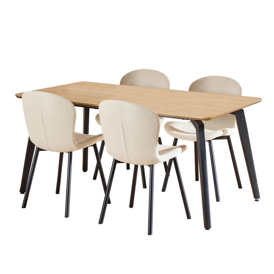 Nøra Laurens rechthoekige eettafel 160x90x75 cm + 4 eetkamerstoelen stof Apia - naturel/groen
