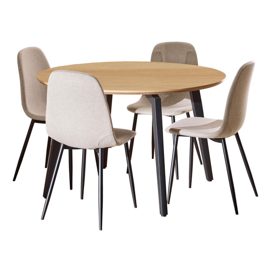 Nøra Laurens ronde eettafel Ø120x75 cm + 4 eetkamerstoelen stof Nesia - naturel/beige