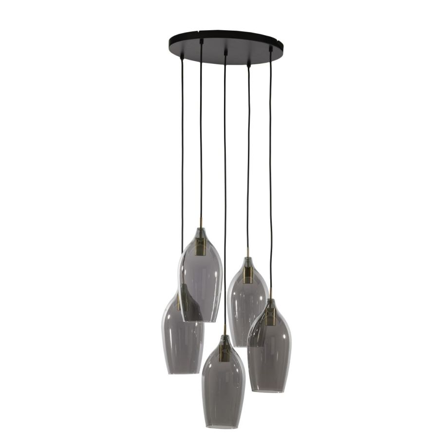 Lukaro hanglamp 5L Ø45x36 cm - antiek brons/glas smoke