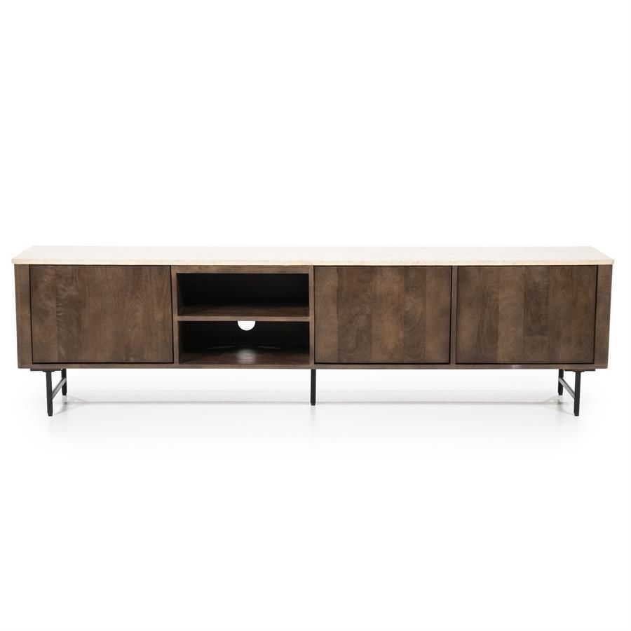 TV meubel Lio - Mango hout & travertin - 200 cm - 3 deurs