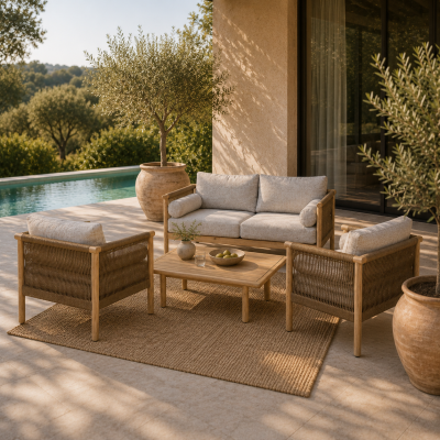 Dutchbone Oasis loungeset bank + tafel + loungestoelen - beige