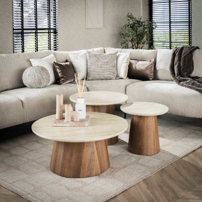 Fraaai Dexter salontafel set van 3 tapse poot - mdf/keramiek travertine