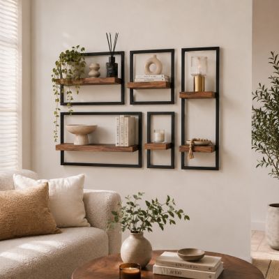 Fraaai Marino wandschap set van 5 - massief acacia - brons metaal