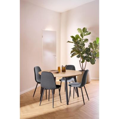 Nøra Laurens ronde eettafel Ø120x75 cm + 4 eetkamerstoelen stof Nesia - naturel/donkergrijs