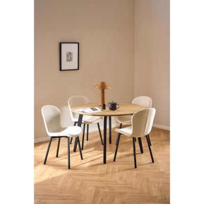 Nøra Laurens ronde eettafel Ø120x75 cm + 4 eetkamerstoelen stof Apia - naturel/beige