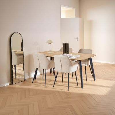 Nøra Laurens rechthoekige eettafel 160x90x75 cm + 4 eetkamerstoelen stof Basel - naturel/groen
