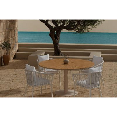 Svea Amanda ronde eettafel - beige + 4x Emmitt eetkamerstoelen - wit