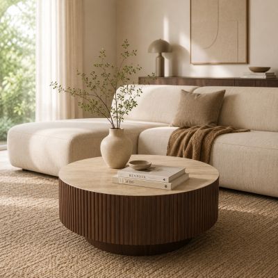 DS4U Suki salontafel ø80 cm MDF - walnoot look met keramiek blad