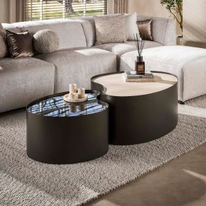 Fraaai Garth salontafel organisch set van 2 - 3D keramiek travertin