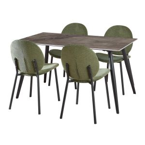Nøra Kristina rechthoekige eettafel 140x80x75 cm - grijs + 4 eetkamerstoelen | stof Caso - groen